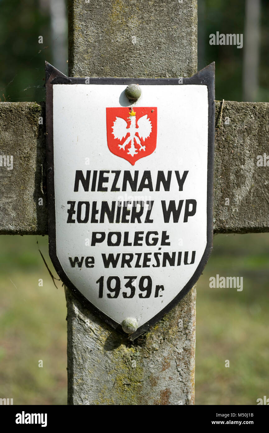Grave of unknown Polish soldier killed in fighting during German Nazi invasion of September 1939 in the Kampinos Forest west of Warsaw, Poland Septemb Stock Photo