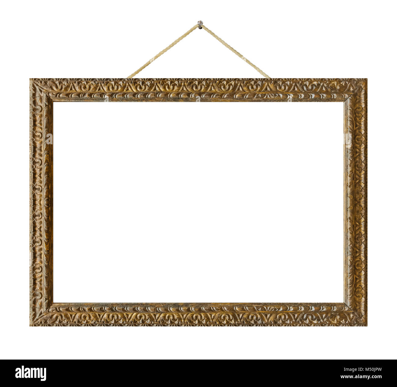 Old wooden picture frame hanging on a rope Stock Photo Alamy