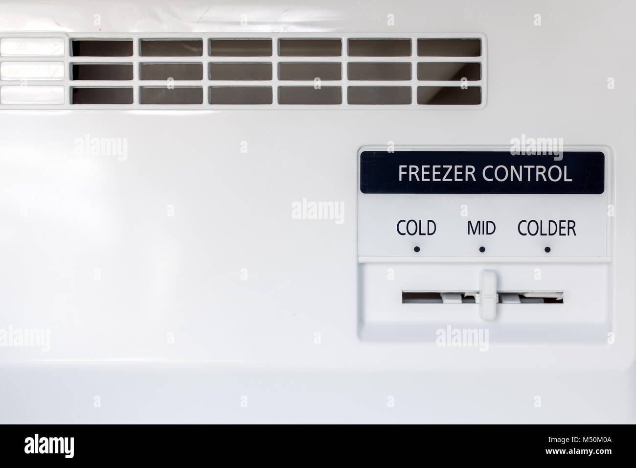 A control of freezer in the fridge, close-up view. Choice of cold in the refrigerator. Stock Photo