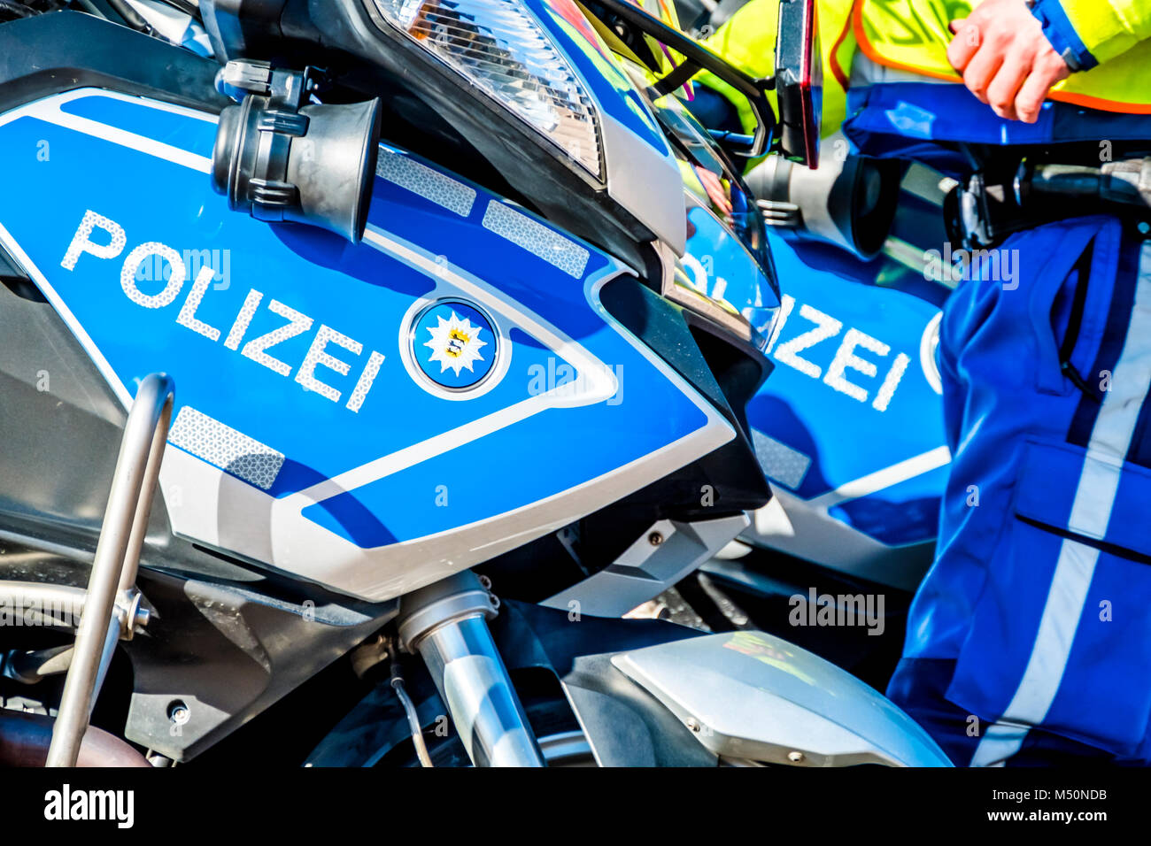 Close-up of German police motor bike in the sun Stock Photo