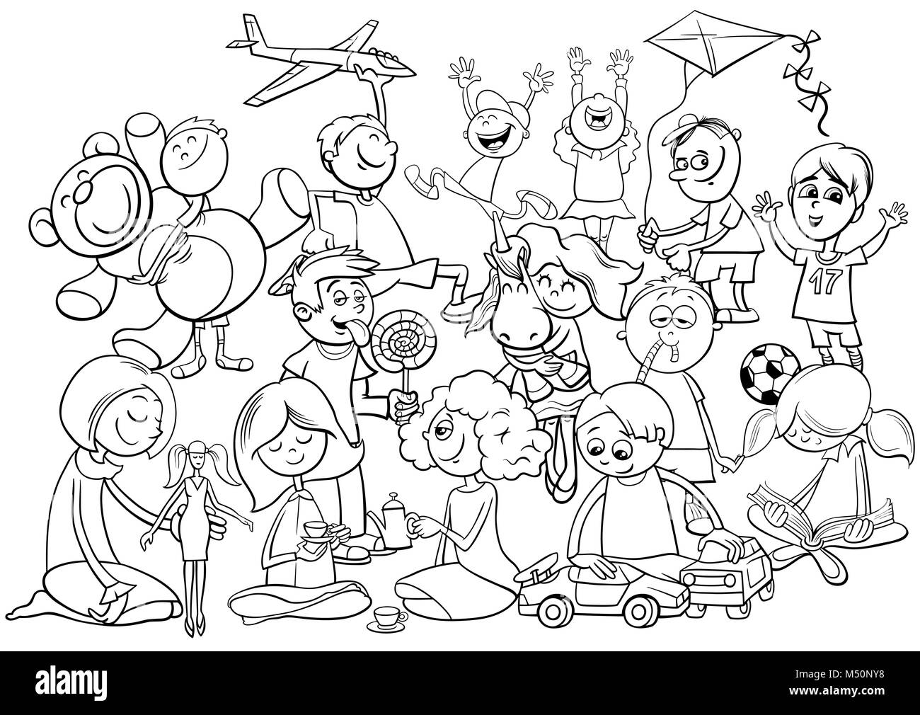 playful children group coloring book Stock Photo