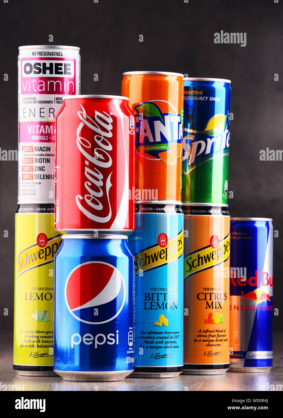 Cans of assorted global soft drinks Stock Photo Alamy