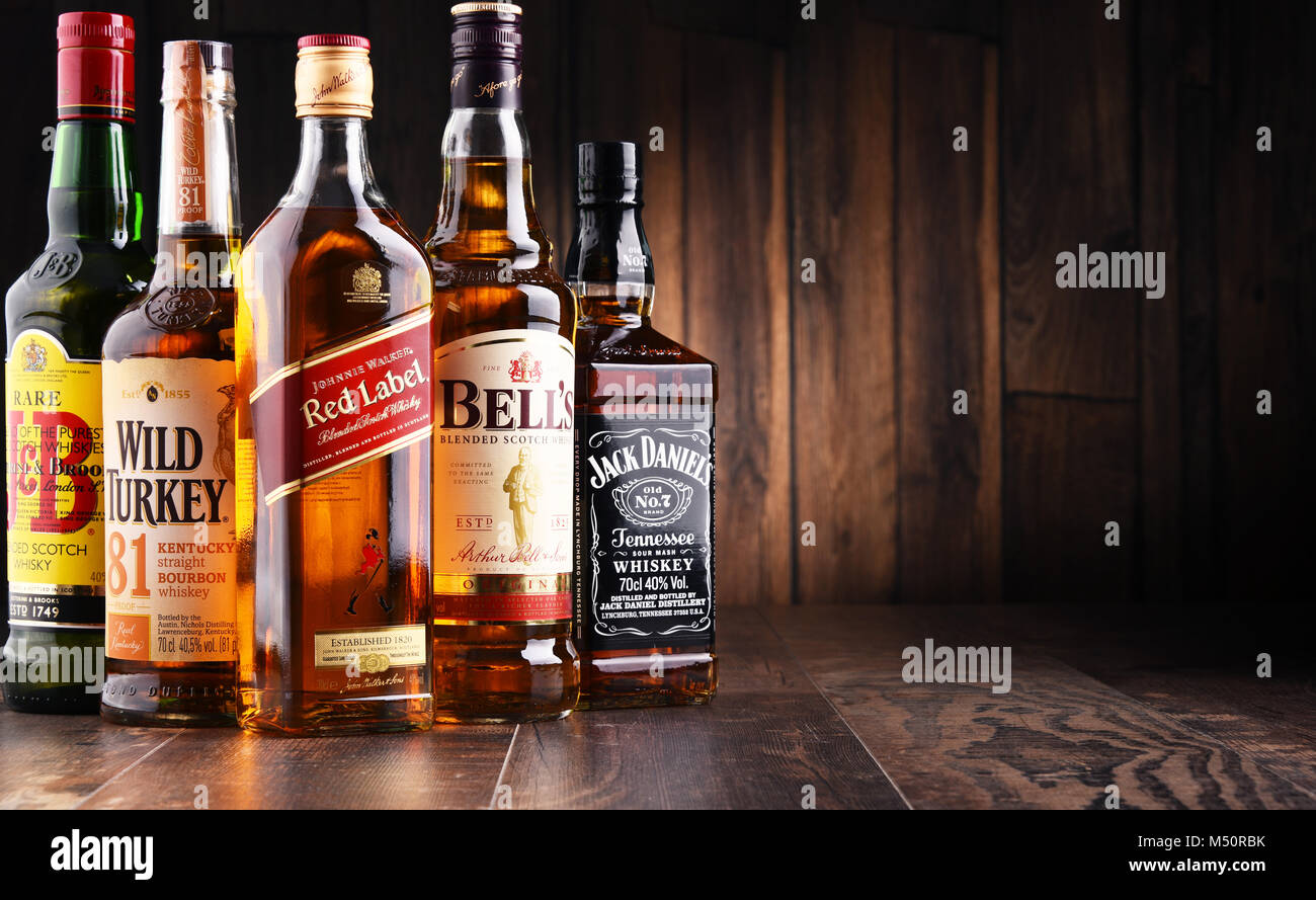 Bottles of global whiskey brands Stock Photo