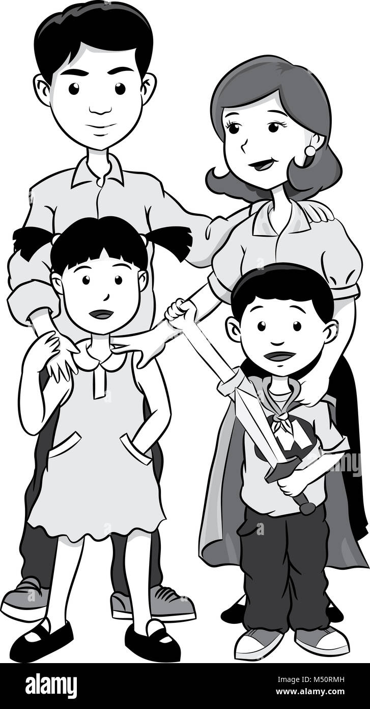 happy family with two children, cartoon vector- grayscale Stock Photo