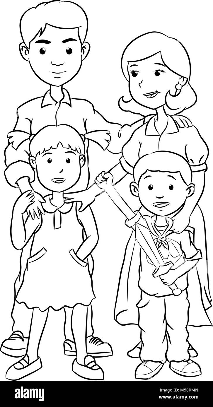 https://c8.alamy.com/comp/M50RMN/happy-family-with-two-children-line-art-cartoon-M50RMN.jpg