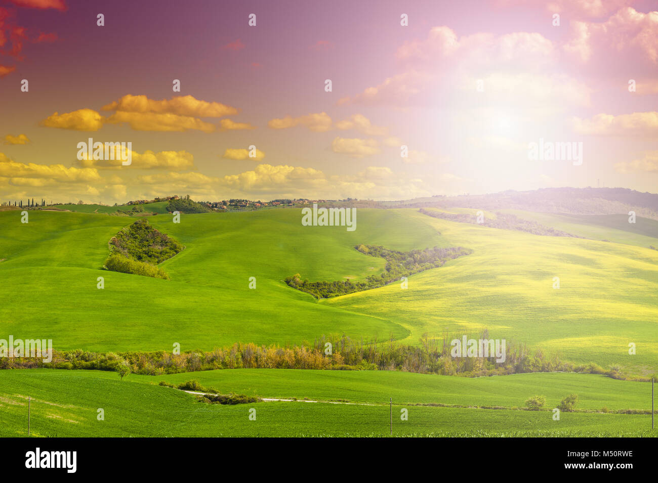 Fields, pastures and farmhouse at sunrise Stock Photo
