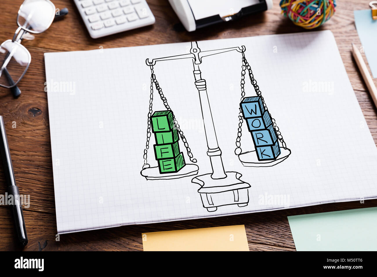 Work Life Balance Drawing In Notepad At Desk Stock Photo - Alamy