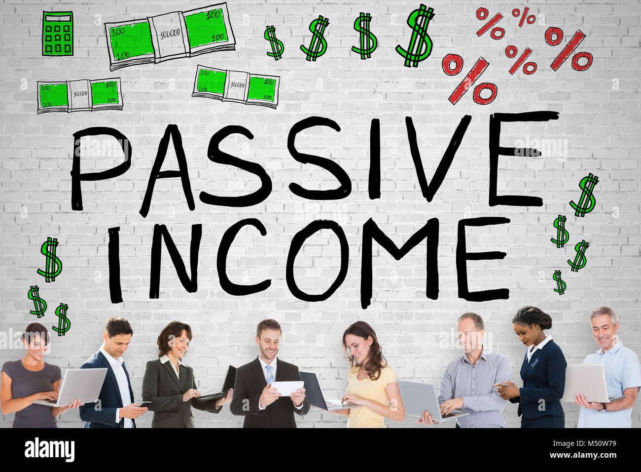 Diverse Group Of People In Front Of Passive Income Stock Photo
