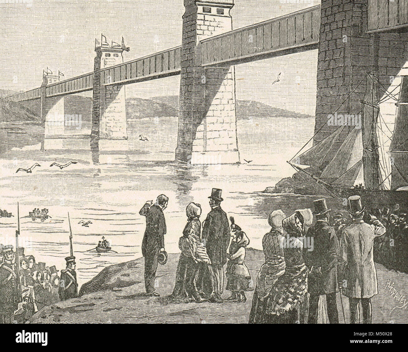 Queen Victoria's visit to Britannia tubular Bridge, 1852.  The original box section Bridge which was replaced in 1970 Stock Photo