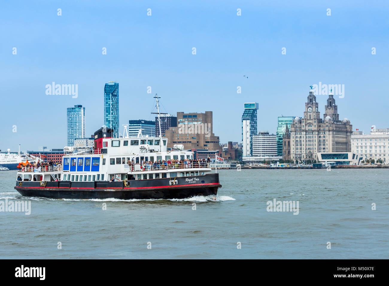 Mersey Ferry Royal Iris with Liverpool waterfront behind including the Royal Liver building. Stock Photo