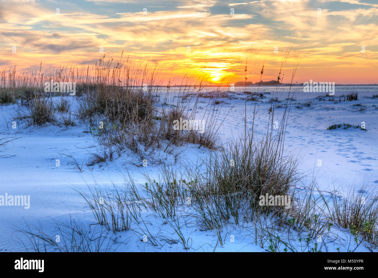 A colorful sunset over the seaoats and dunes on Fort Pickens Beach in the Gulf Islands National Seashore, Florida. Stock Photo