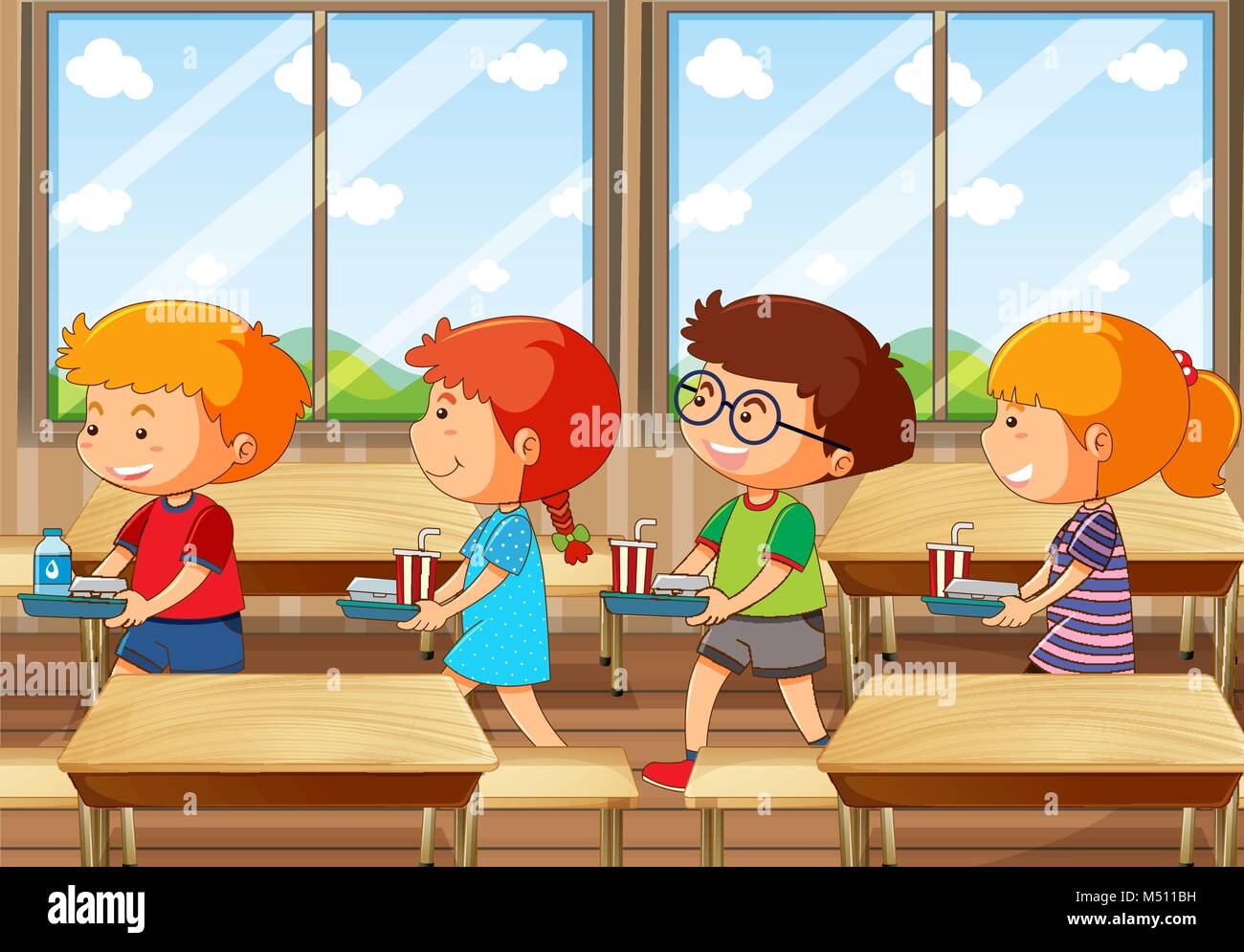 Four kids with food tray in canteen illustration Stock Vector
