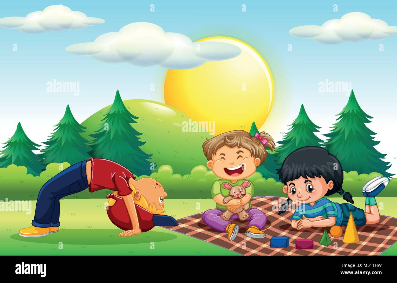 Three kids playing in the park illustration Stock Vector Image & Art ...