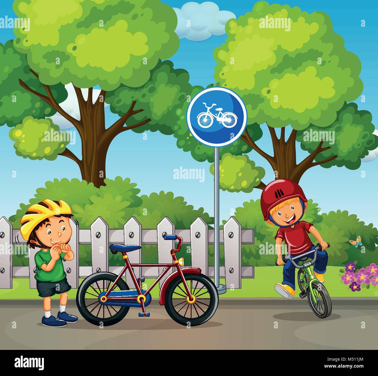 Two boys riding bike in the park illustration Stock Vector Image & Art ...