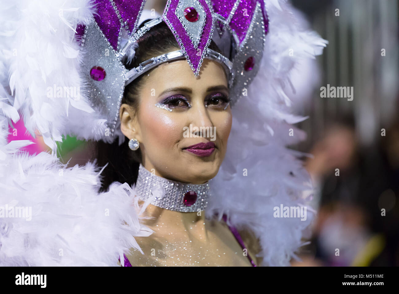FUNCHAL, PORTUGAL - FEBRUARY 9, 2018: Participants of the Madeira Island Carnival dancing in the parade in Funchal city, Madeira, Portugal. Stock Photo