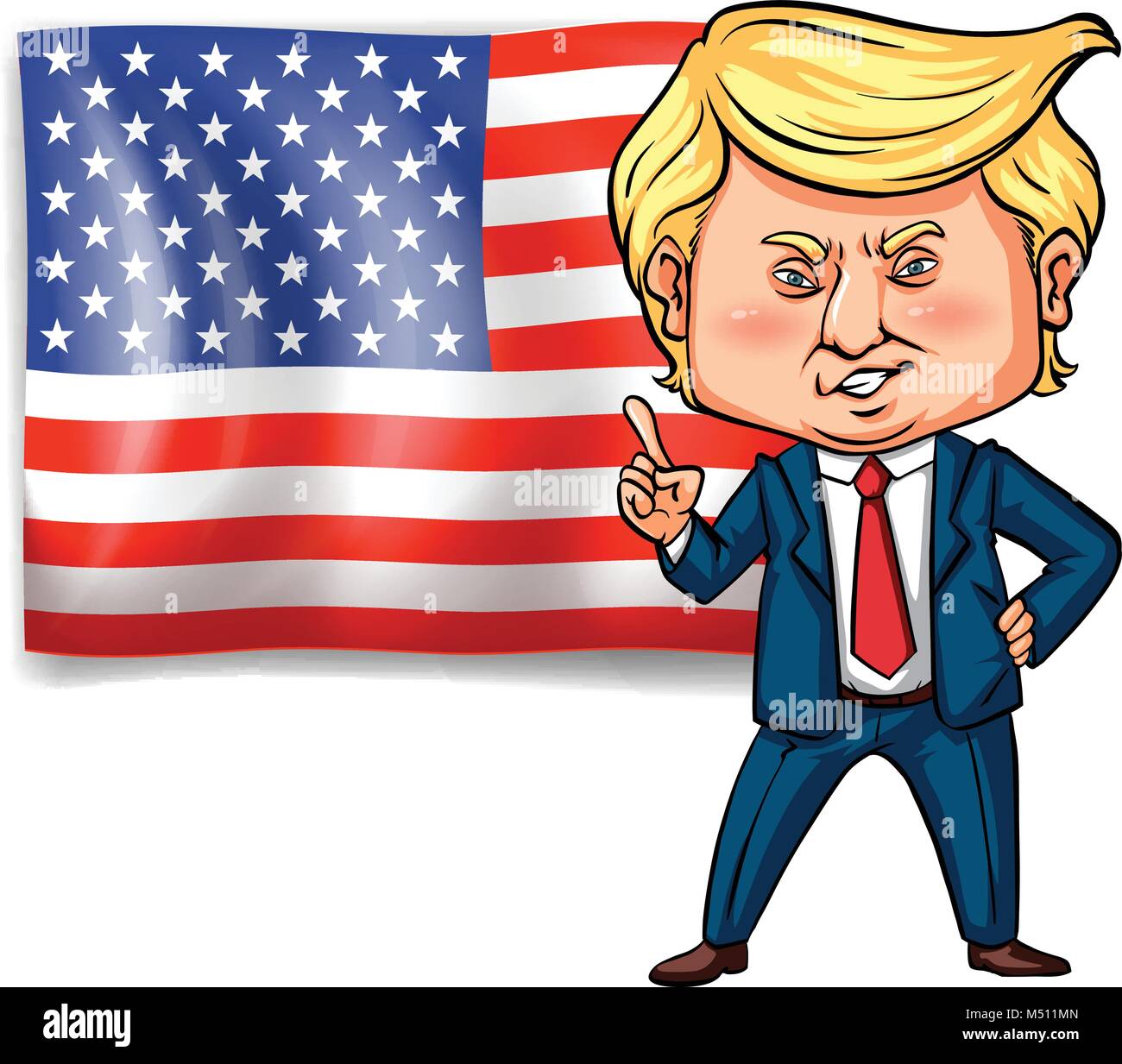 US president Trump with American flag in background illustration Stock Vector