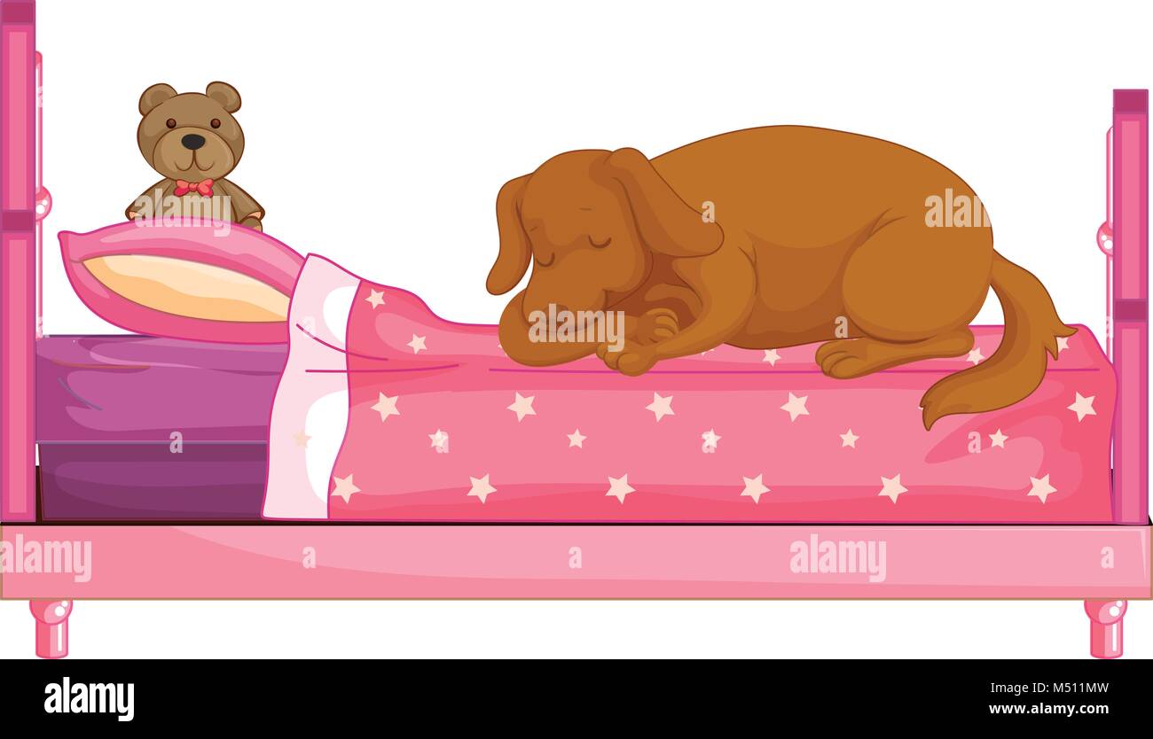 Dog slepping on pink bed  illustration Stock Vector