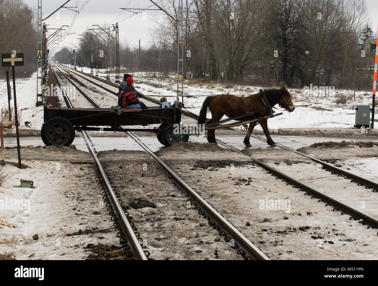 Horse-drawn crossing a railway level-crossing at Wolomin, Poland. February 2007 Stock Photo