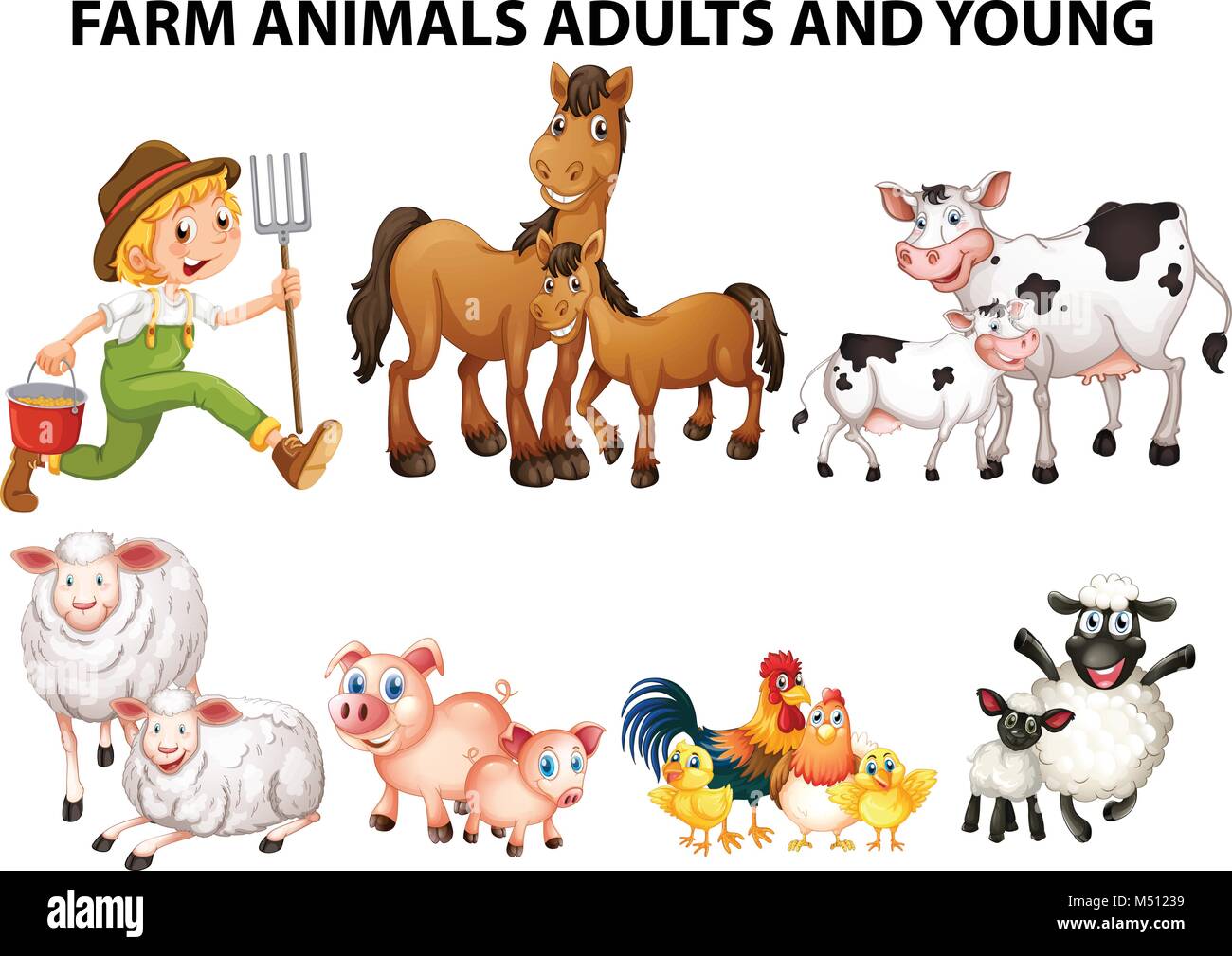 Different types of farm animals with adults and youngs illustration Stock Vector