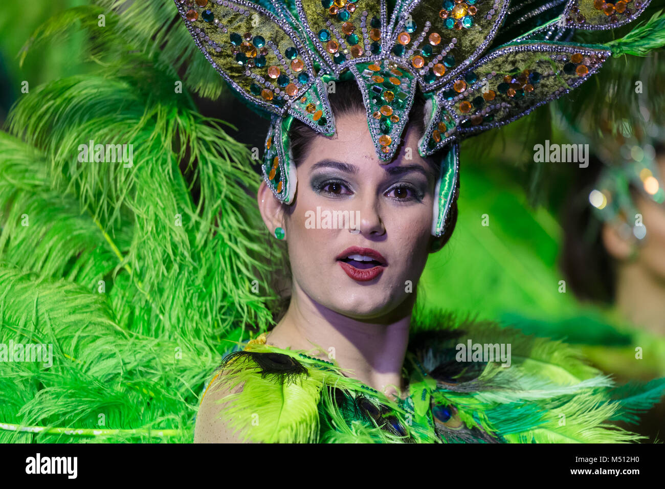 FUNCHAL, PORTUGAL - FEBRUARY 9, 2018: Participants of the Madeira Island Carnival dancing in the parade in Funchal city, Madeira, Portugal. Stock Photo