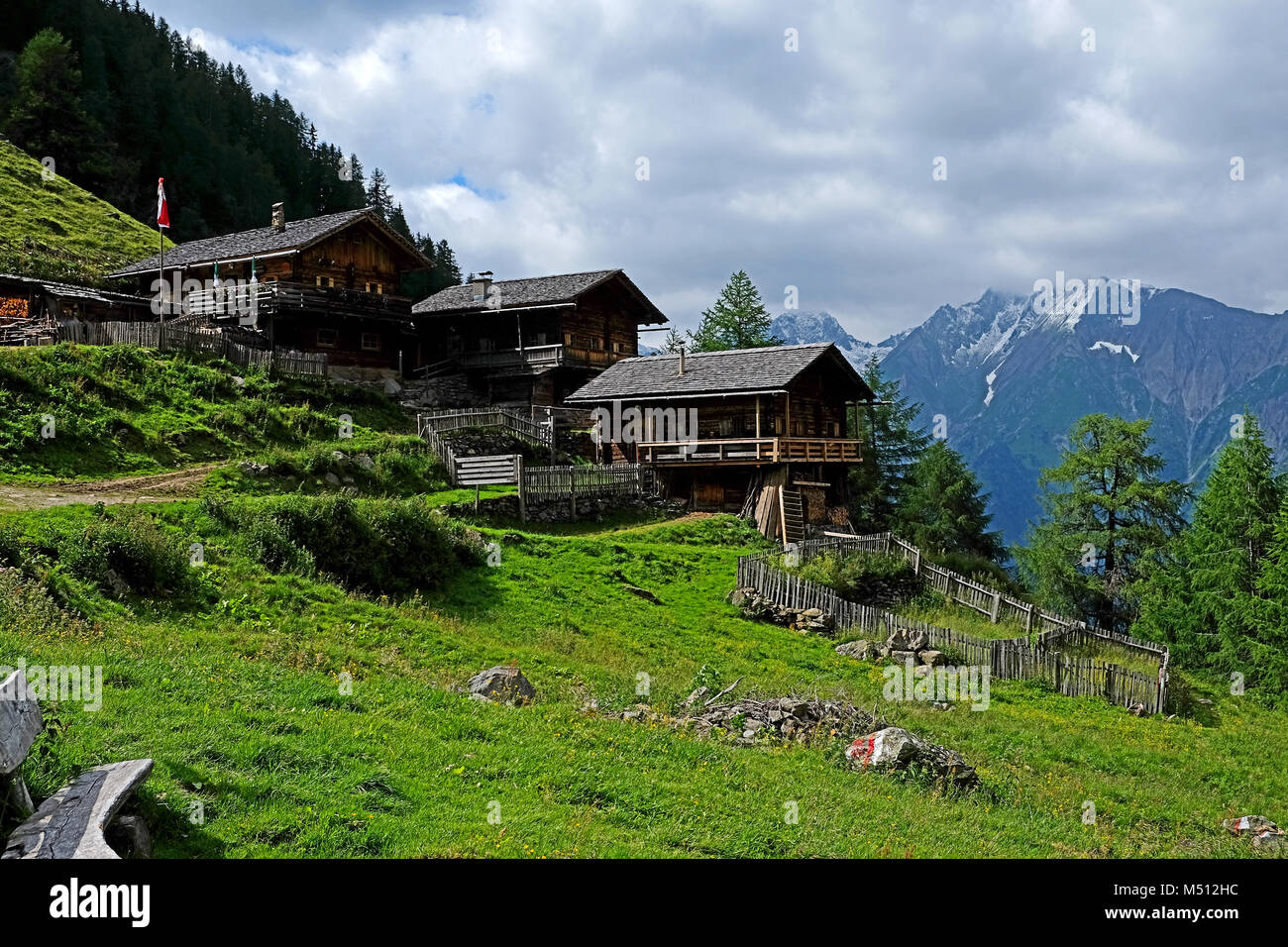 Alpine Cabins on Arnitzalm, Matrei, Tyrol, Austria Stock Photo
