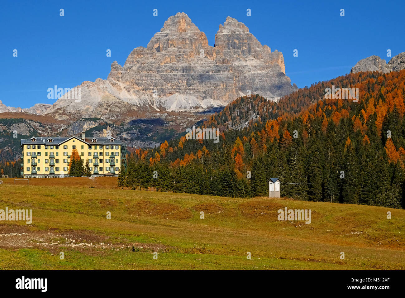 Tre Cime di Lavaredo as seen from Lake Misurina, Dolomites, South Tyrol, Italy, Drei Zinnen Stock Photo