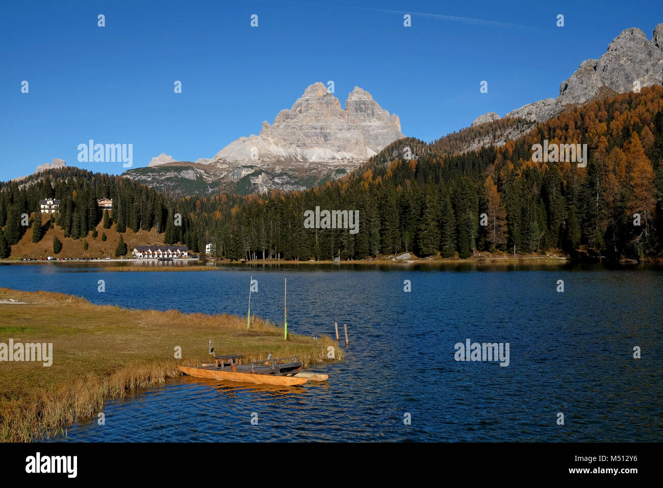 Tre Cime di Lavaredo with Lake Misurina, Dolomites, South Tyrol, Italy, Drei Zinnen Stock Photo