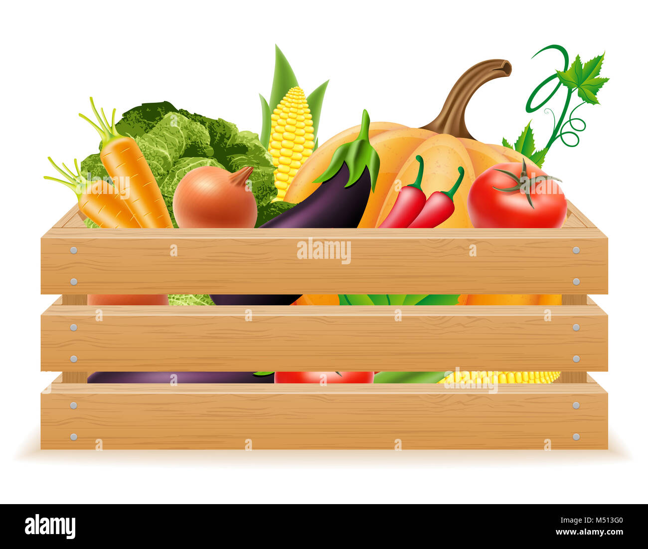 wooden box with fresh and healthy vegetables vector illustration ...