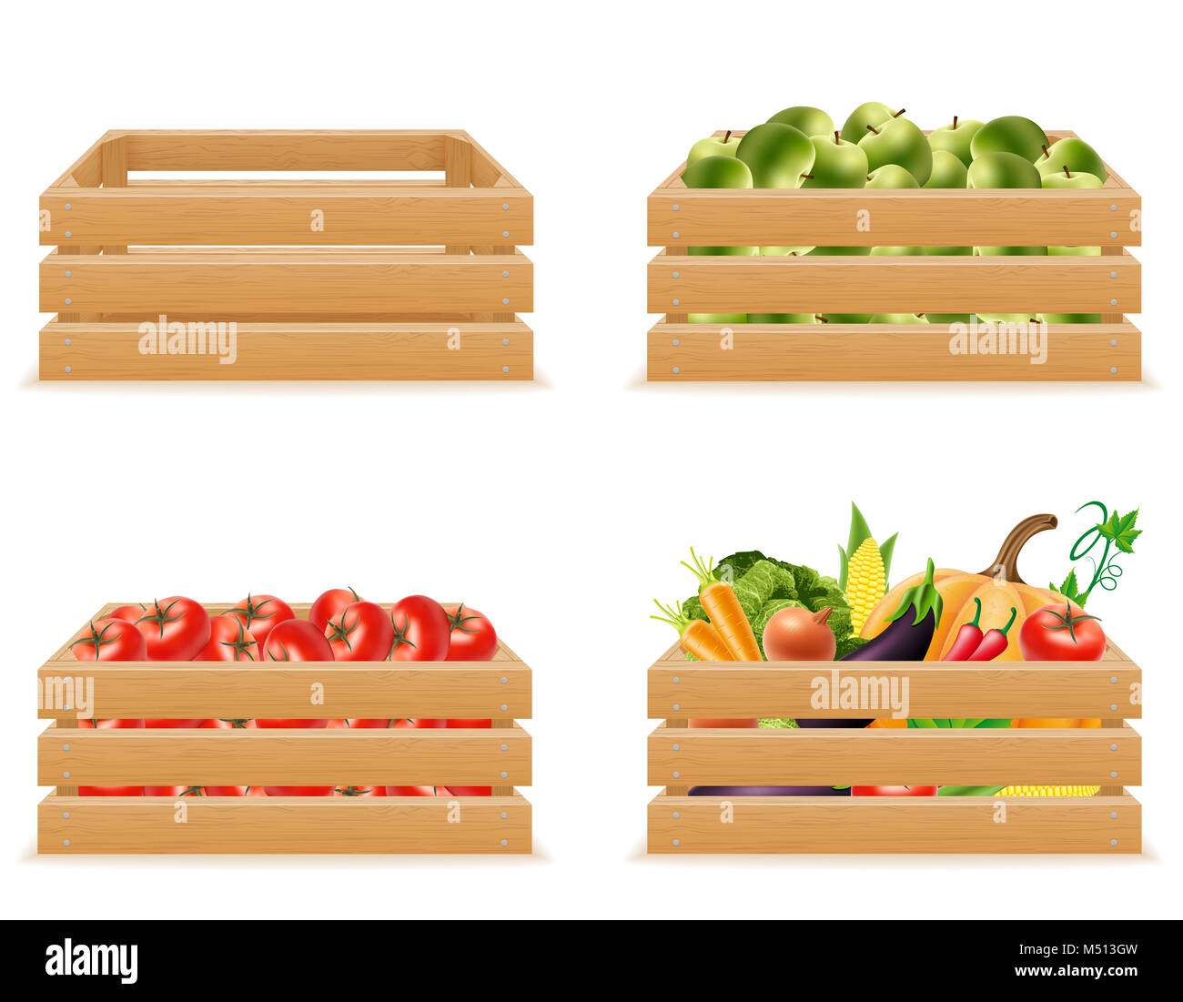 set wooden box with fresh and healthy vegetables vector illustration ...
