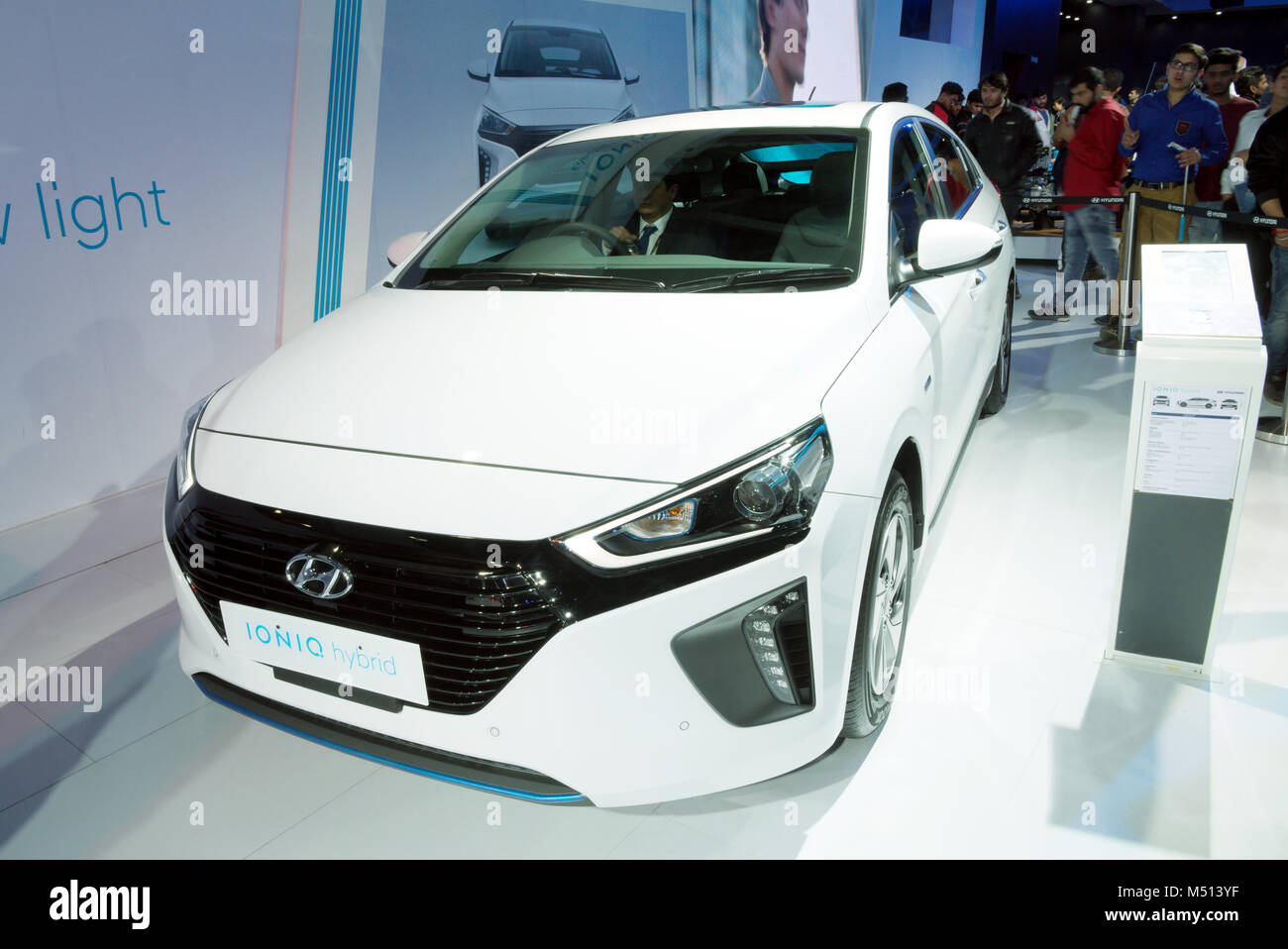 Greater Noida, India. 14th February 2018. Hyundai Ioniq hybrid car is on display at the Auto Expo 2018 in Greater Noida, India. Stock Photo