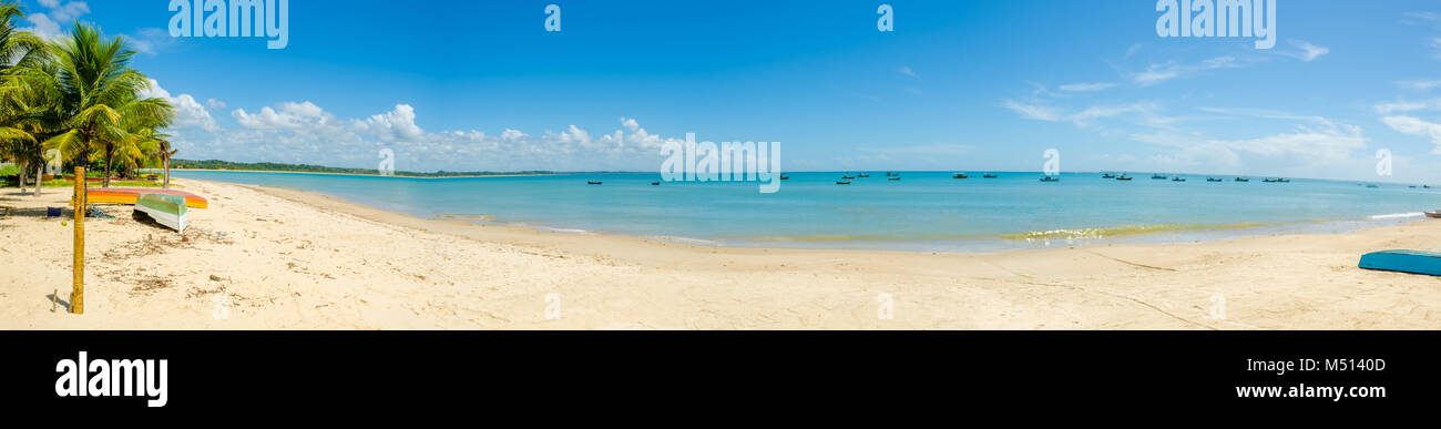 Beautiful panorama of red crown beach in Porto Seguro in Brazil in Bahia, deserted, with some fishing boats, a coconut tree and an amazing blue sky Stock Photo