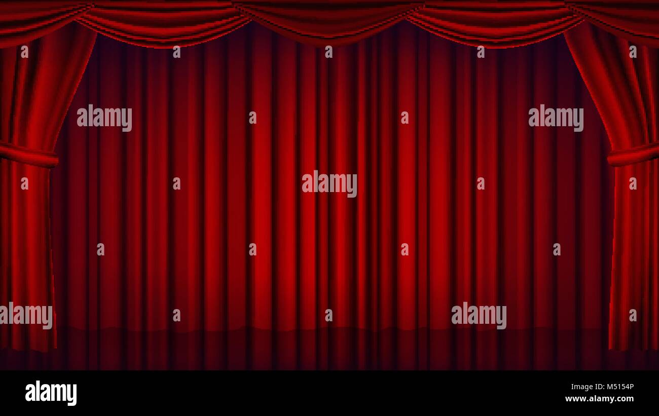 Red Theater Curtain Vector. Theater, Opera Or Cinema Empty Silk Stage, Red Scene. Realistic Illustration Stock Vector