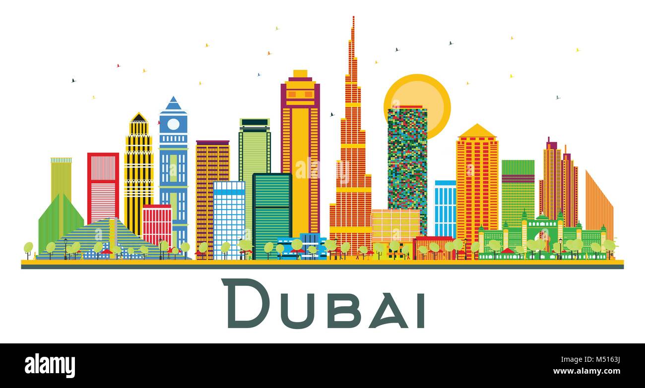 Dubai UAE City Skyline with Color Buildings. Vector Illustration. Business Travel and Tourism Illustration with Modern Architecture. Dubai Cityscape Stock Vector