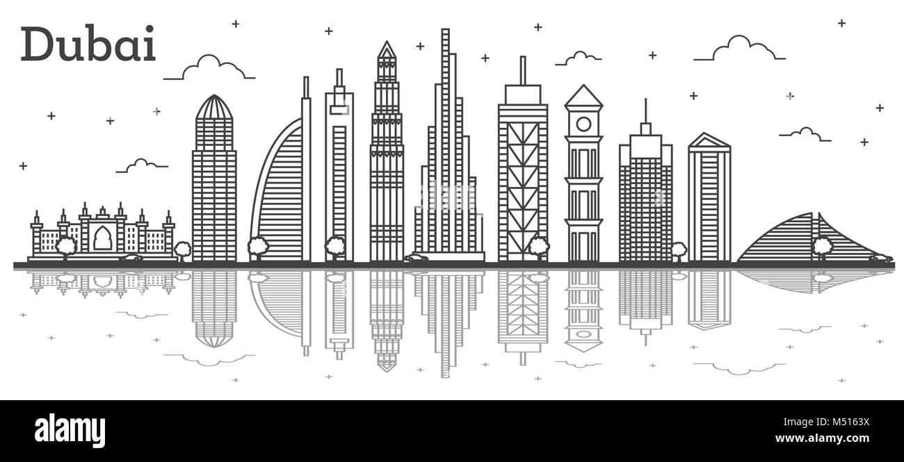 Outline Dubai UAE City Skyline with Modern Buildings and Reflections Isolated on White. Vector Illustration. Line Art Dubai Cityscape with Landmarks. Stock Vector