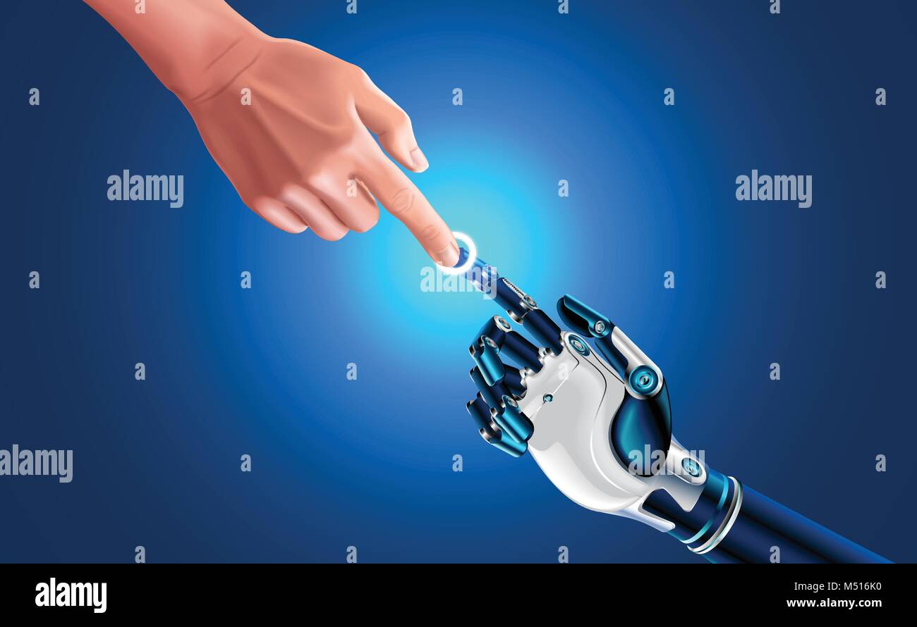 Artificial robot hand touch human hand. Symbol of connection and interaction, people and artificial intelligence. hands with index fingers. Science, f Stock Vector
