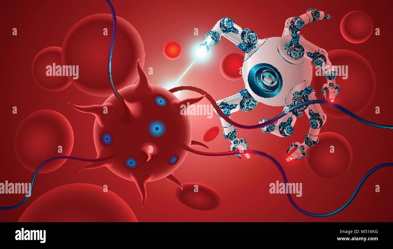 Microscopic nano robot kills disease-causing bacteria inside the human body. nano robot in blood flow among cells hemoglobin. Innovation technology in Stock Vector