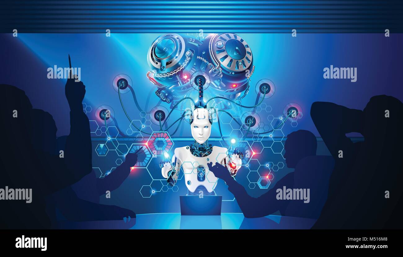 Artificial intelligence teaches business employees. Robot with artificial brain is connected to neural network for analysis of business data. Business Stock Vector