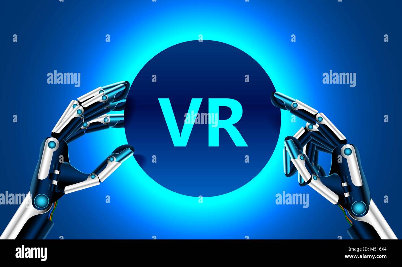 Virtual and augmented reality in the first person. Human hand in virtual reality like a robot. Technological concept. Banner for your logo or text. Stock Vector