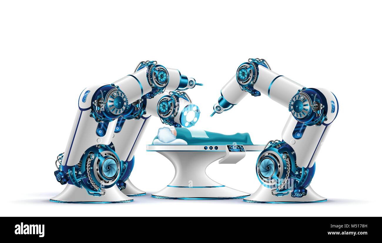Robotic surgery. Robot surgeon makes a surgery patient on the operating table. Robotic arms holding the surgical instruments. Modern medical technolog Stock Vector