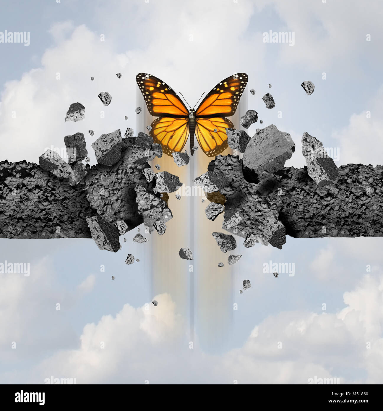 Idea of strength and unstoppable power concept as a butterfly breaking through a cement wall in a 3D illustration style. Stock Photo