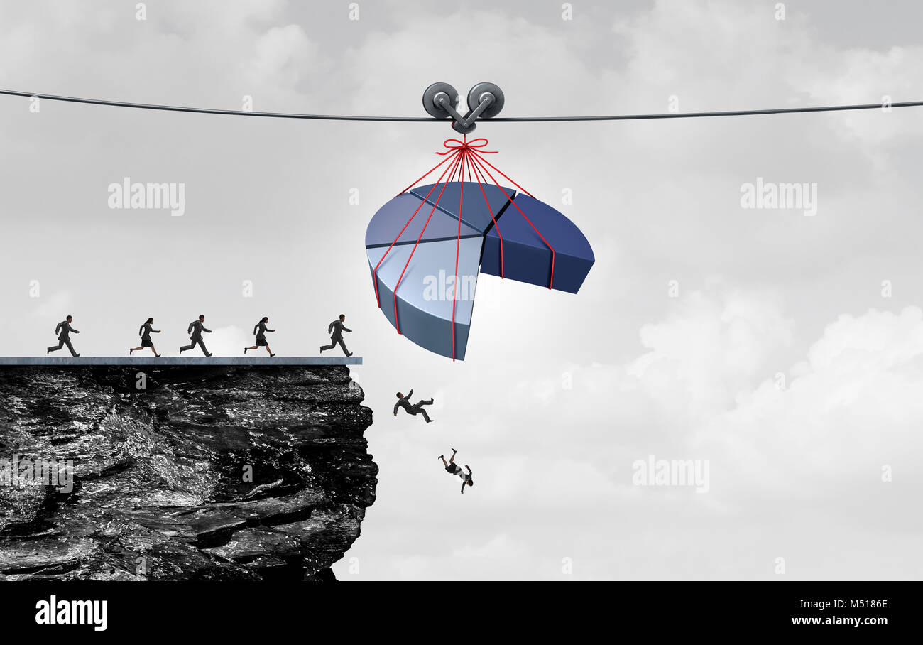 Misleading statistics and financial misrepresentation as financial fraud or economic deception as people falling over a cliff due to fraudulent. Stock Photo