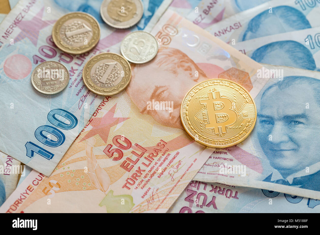 Bitcoin with turkish liras in paper and coin forms Stock Photo - Alamy