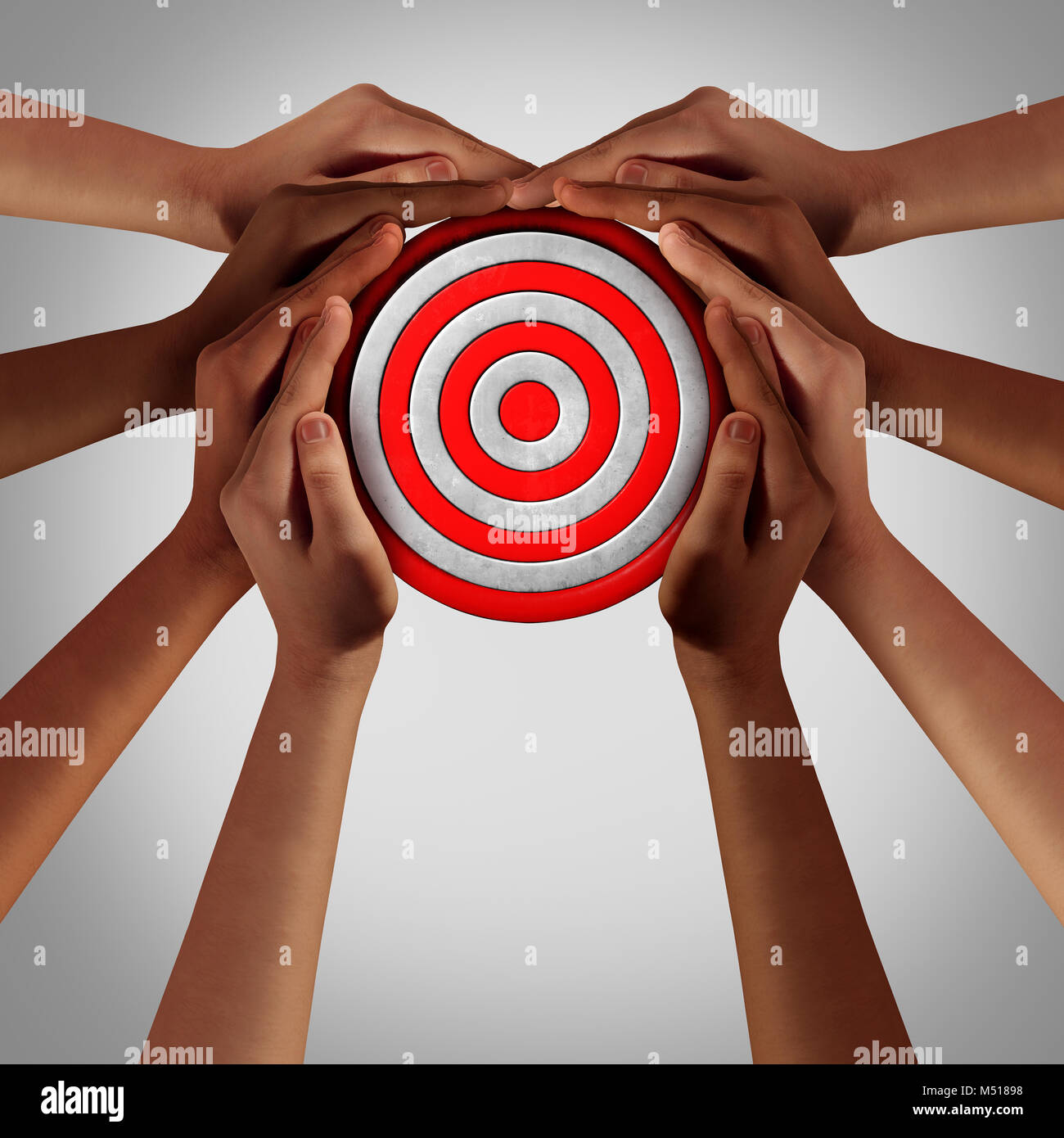 Social goal and society common strategy as a a group of diverse hands holding a target as a business or global alliance metaphor. Stock Photo
