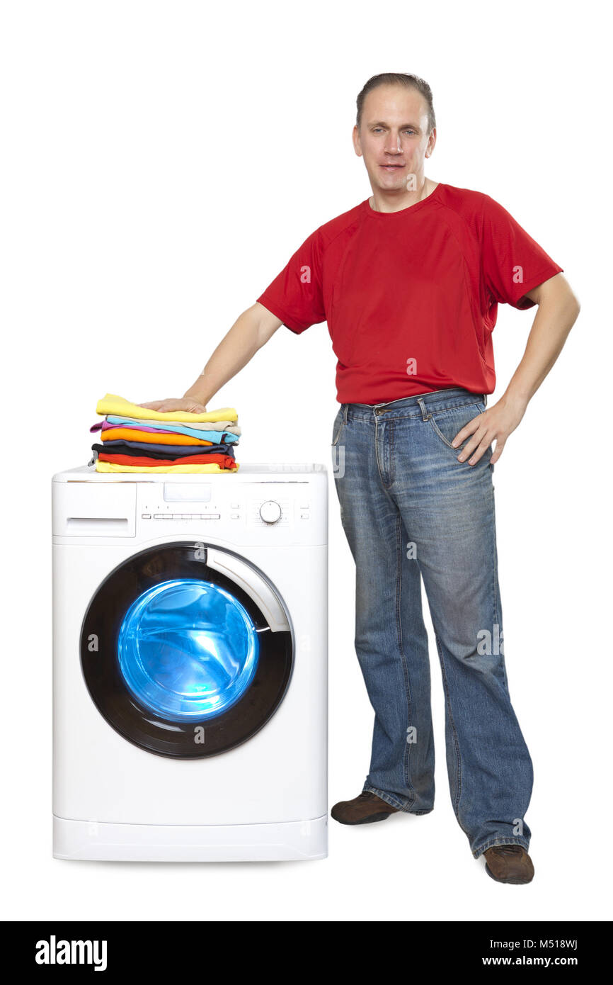 happy man with new washing machine Stock Photo