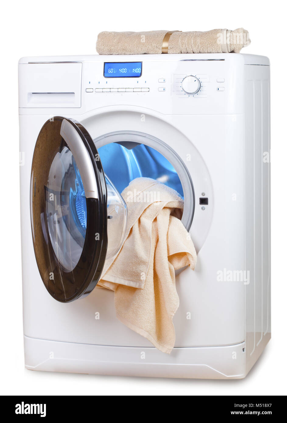 The washing machine with an open door and towels Stock Photo Alamy