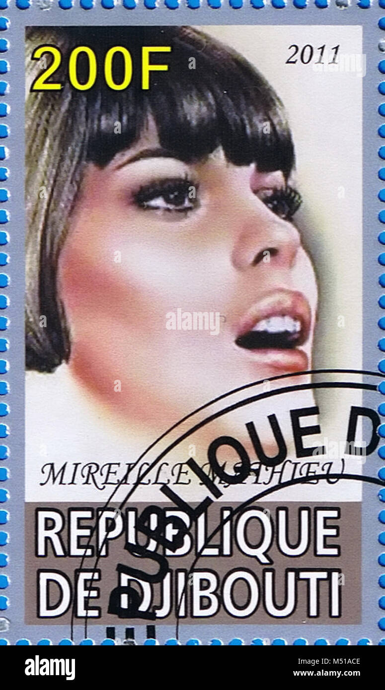 DJIBOUTI - CIRCA 2011: A postage stamp printed in the Republic of Djibouti showing Mireille Mathieu, circa 2011 Stock Photo