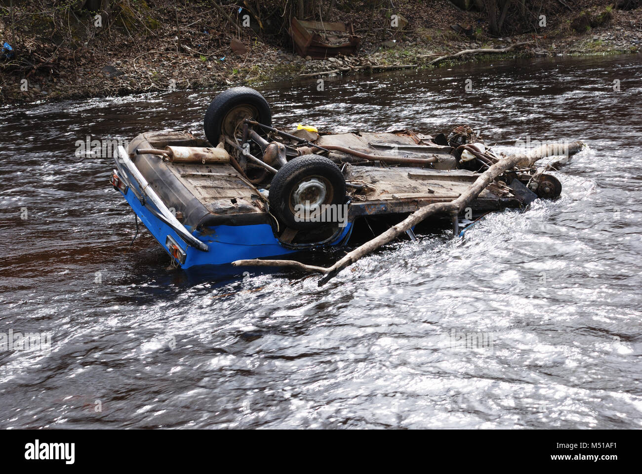 car in the river upsidedown Stock Photo Alamy