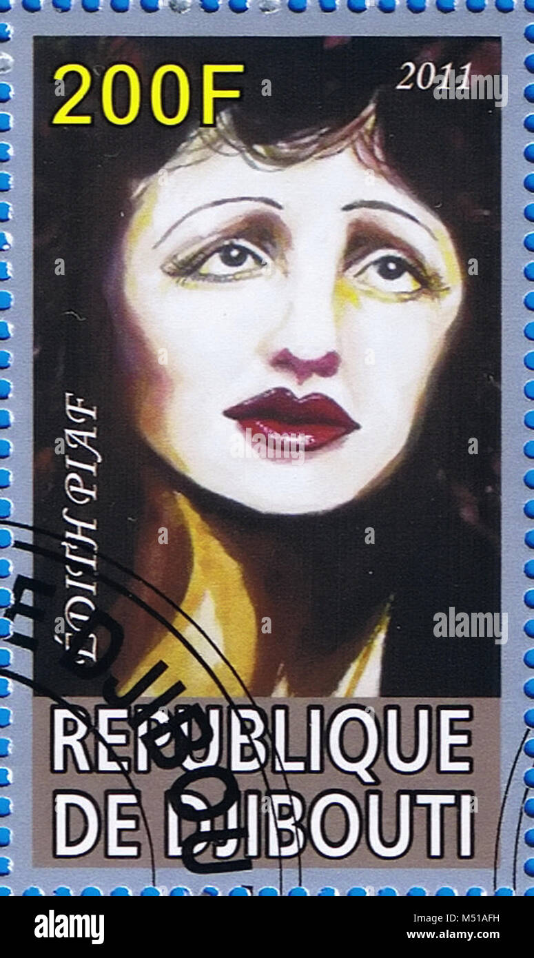 DJIBOUTI - CIRCA 2011: A postage stamp printed in the Republic of Djibouti showing Edith Piaf, circa 2011 Stock Photo