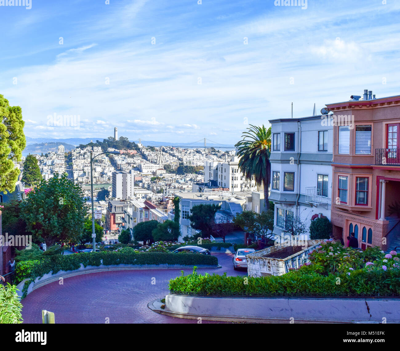 Lombard Street view over the city of San Francisco, view over colored houses and bridges Stock Photo