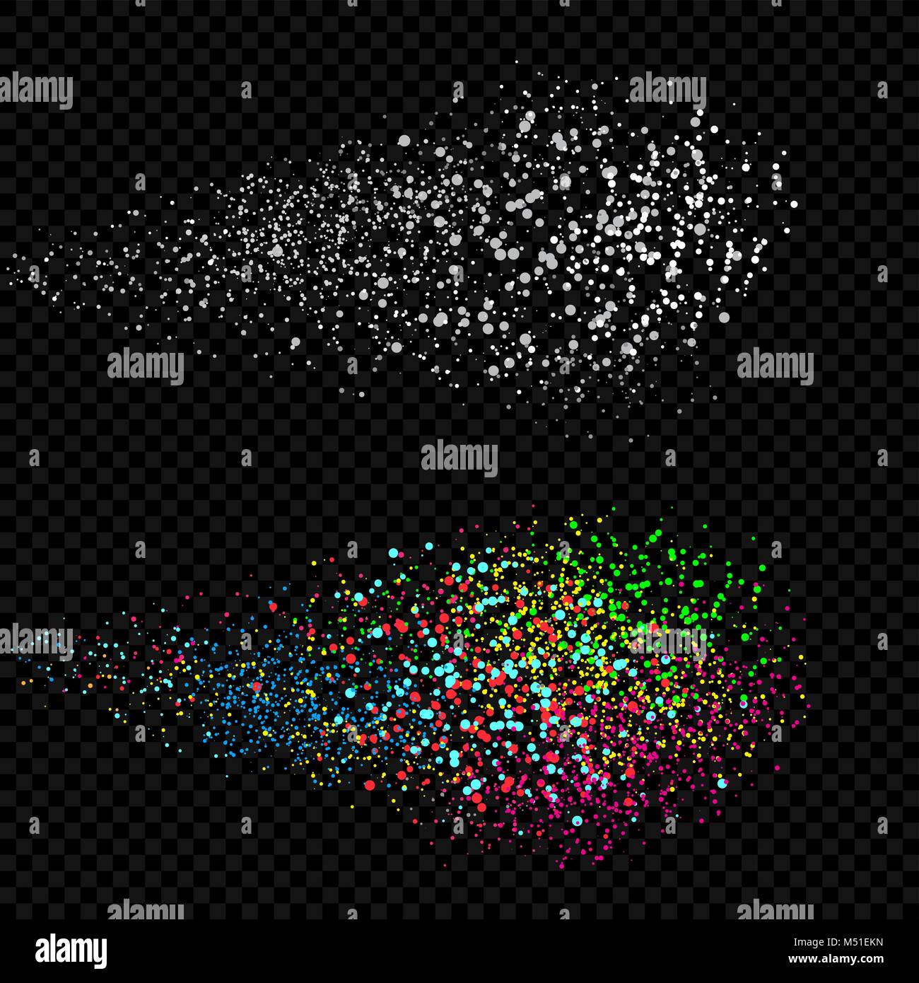 Holi colors spray template. Phagwa festival of paints color confetti tinsel sequin design. Fireworks on dark black background. Circles round art backd Stock Vector